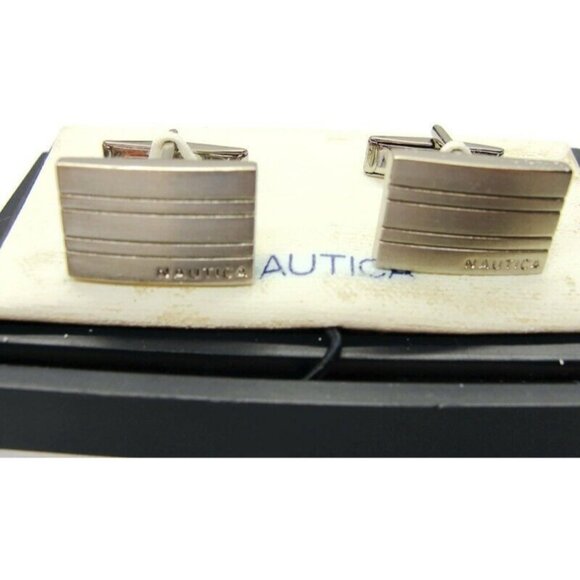 Nautica Rectangular Cufflinks Silver Tone Tux Shirt Dress Suit Vintage IOB - Picture 5 of 9